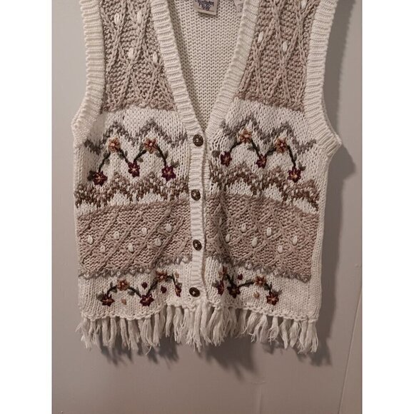 90’s Huntington Ridge Crochet Knit Button Up Sweater Vest Large Boho Floral - Picture 2 of 8
